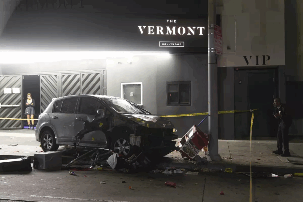 A grey car crashed into the front of the Vermont Club in Hollywood