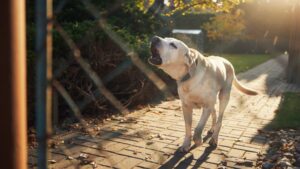 A light-colored dog barking behind a chain-link fence on a sunny yard path